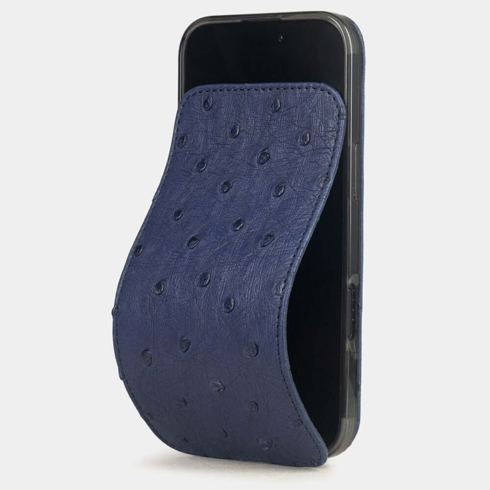 Blue Ostrich Case iPhone 17 Air – luxury handmade phone case in genuine ostrich leather with magnetic front cover partially open, main photo
