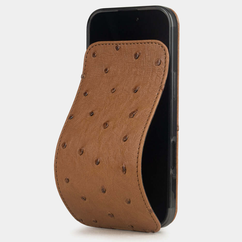 Gold Ostrich Case iPhone 17 Air – luxury handmade phone case in genuine ostrich leather with magnetic front cover partially open, main photo
