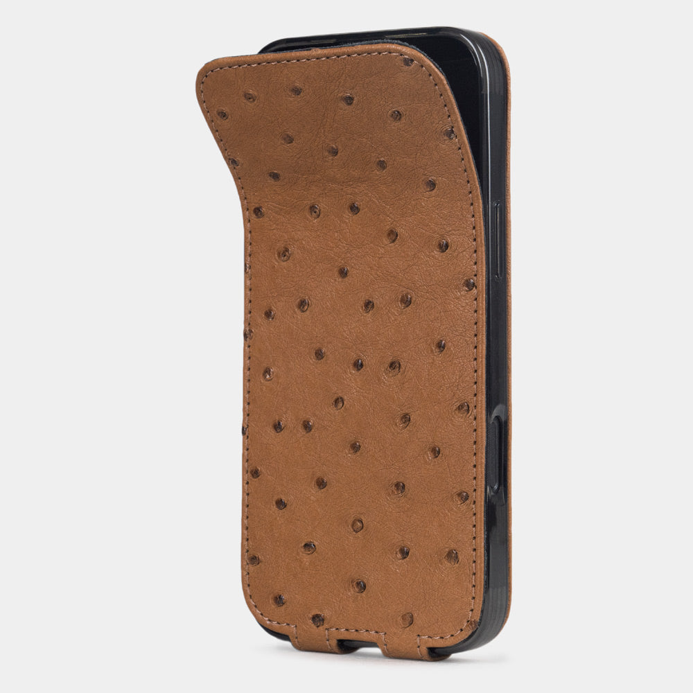Gold Ostrich Case iPhone 17 Air – phone flip case with textured quill pattern, flexible front cover folding back to protect the smartphone screen