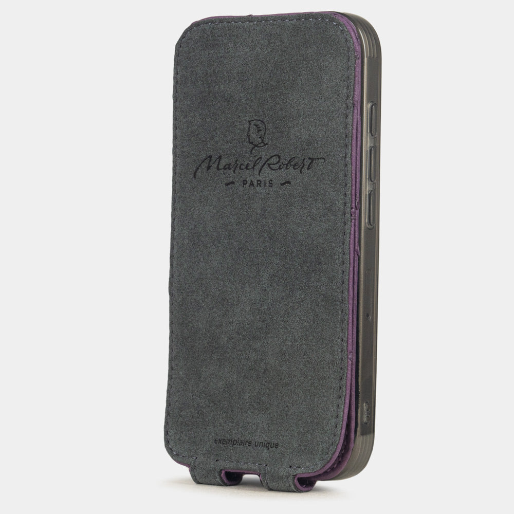 Purple Ostrich leather case iPhone 17 Pro Max - interior view showing grey Alcantara lining with magnetic closure, designed to clean and protect the screen