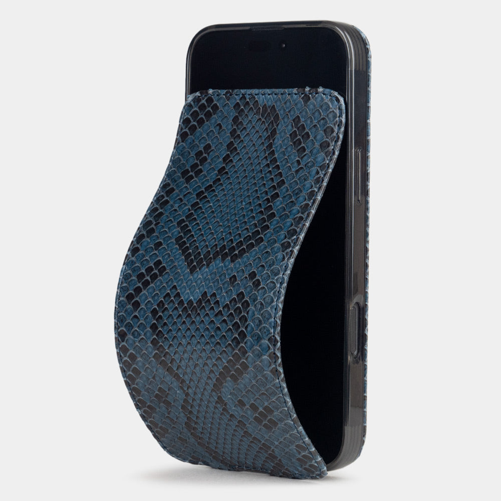 blue python case iPhone 17 – luxury handmade phone case in genuine leather with magnetic front cover partially open