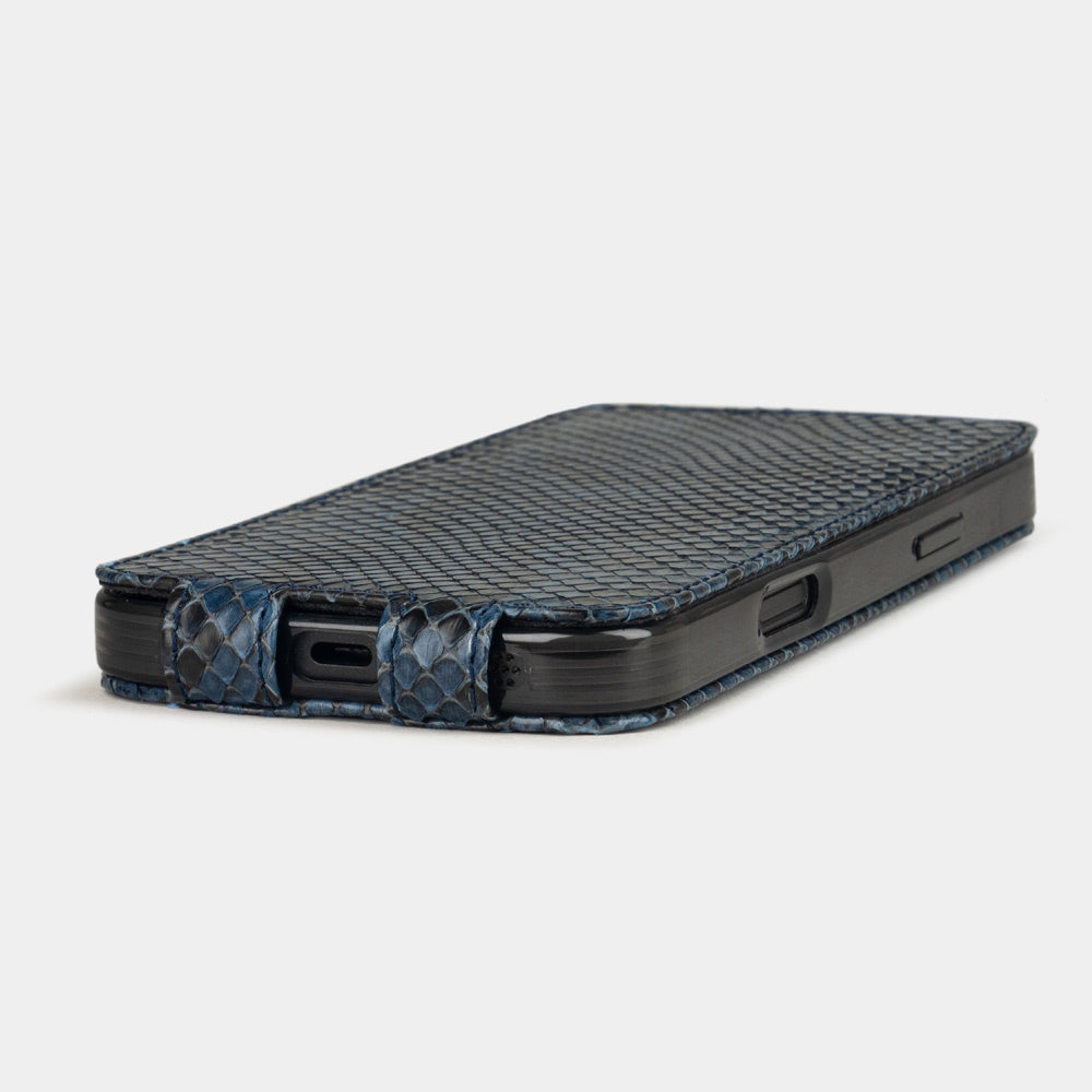 blue Python Case iPhone 17 Air - flat side view displaying ultra-thin handcrafted design, USB-C port opening and precise edge finishing