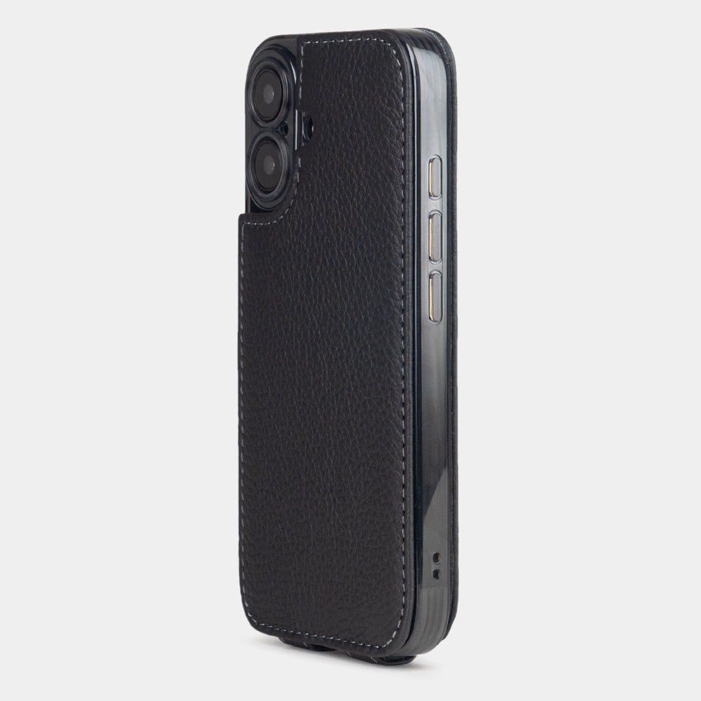 flip case iPhone 17 black premium leather manufactured by Marcel Robert – the view from camera side