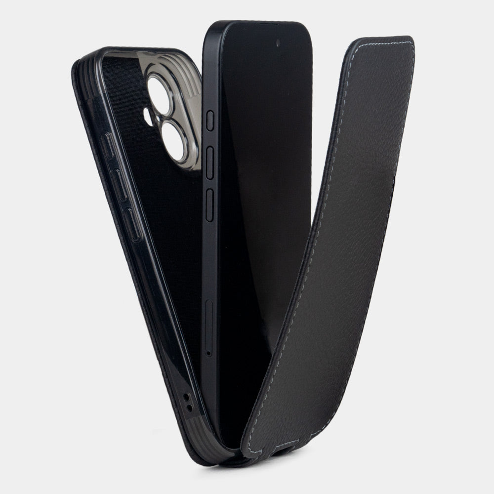flip case iPhone 17 black premium leather manufactured by Marcel Robert - view from inside - how to use the case