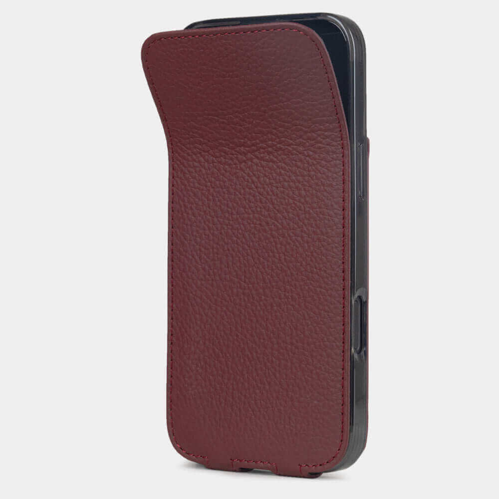 case iPhone 17 Pro Max bordeaux leather calfskin  flexible front cover with integrated magnets to securely close on the screen