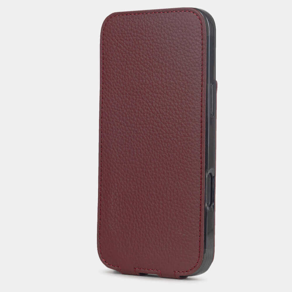 case iPhone 17 Pro Max bordeaux leather calfskin, closed upright view with magnetic front cover protecting the screen