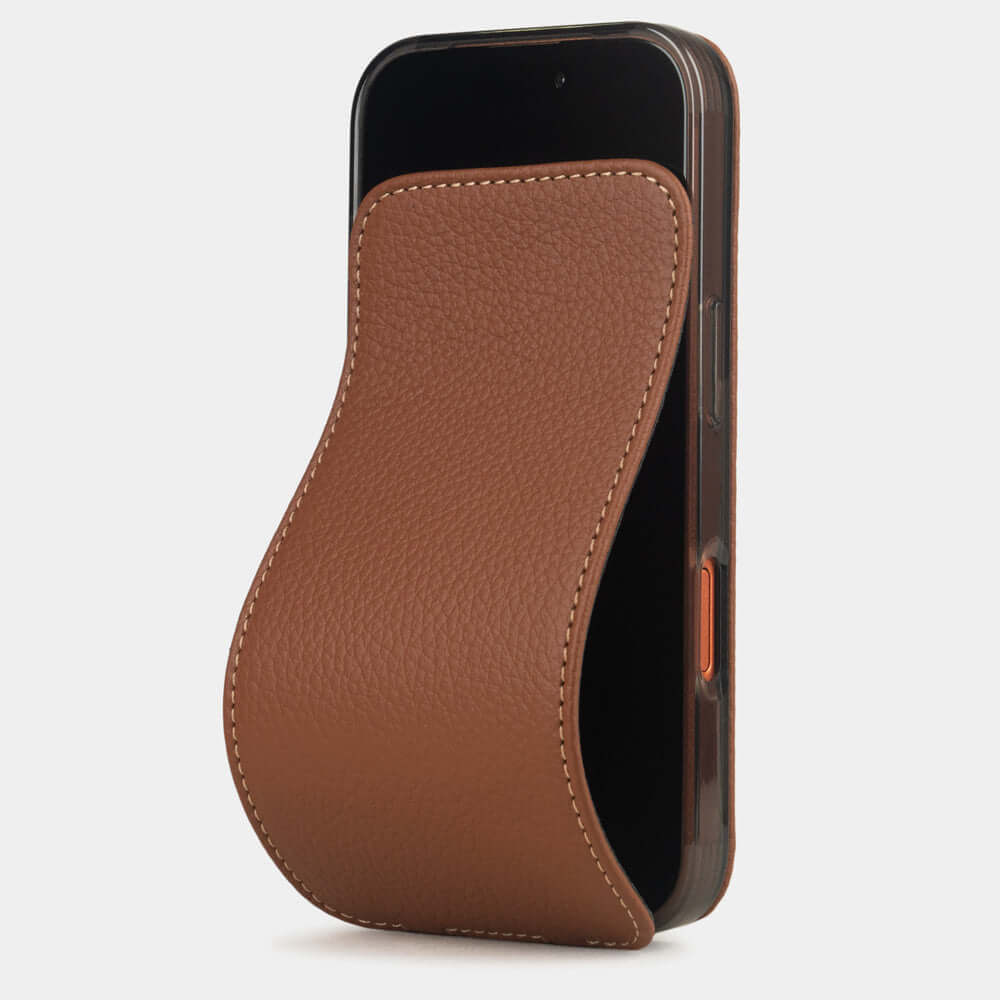 Gold Calfskin Case iPhone 17 Pro – luxury handmade phone case in genuine leather with magnetic front cover partially open, main photo
