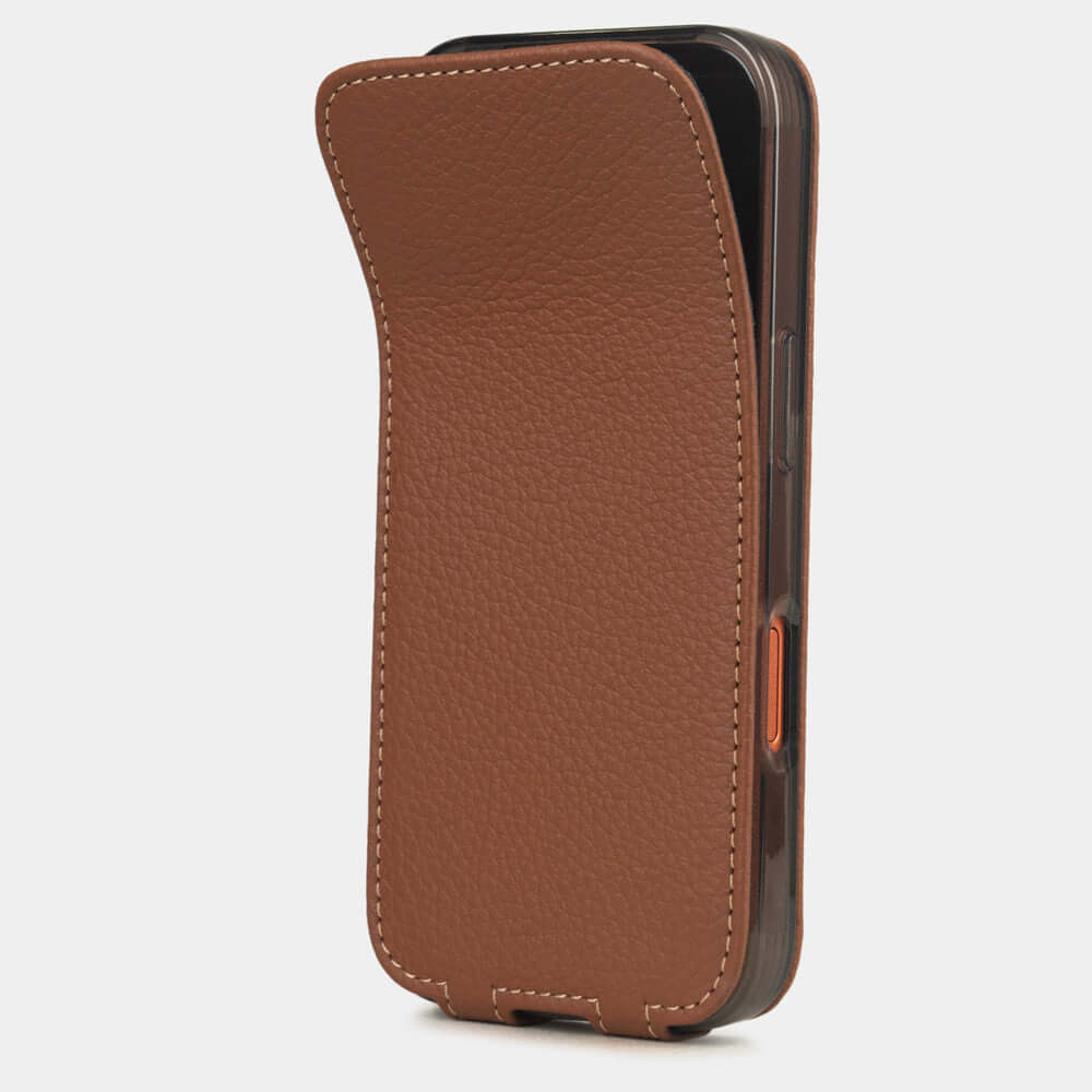 Gold Calfskin Case iPhone 17 Pro Max – phone flip case with textured natural scale pattern, flexible front cover folding back to protect the smartphone screen
