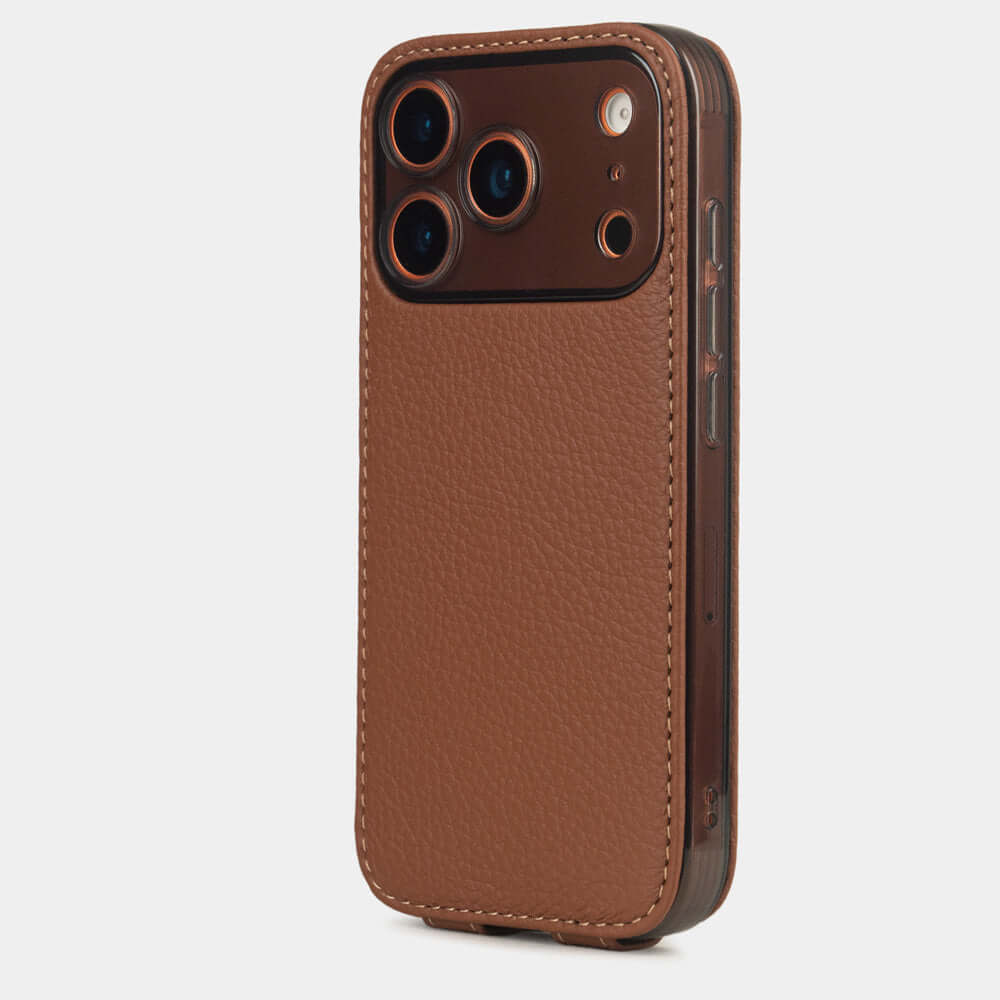 Gold Calfskin Case iPhone 17 Pro Max orange - view from camera side and how the lenses are efficiently protected
