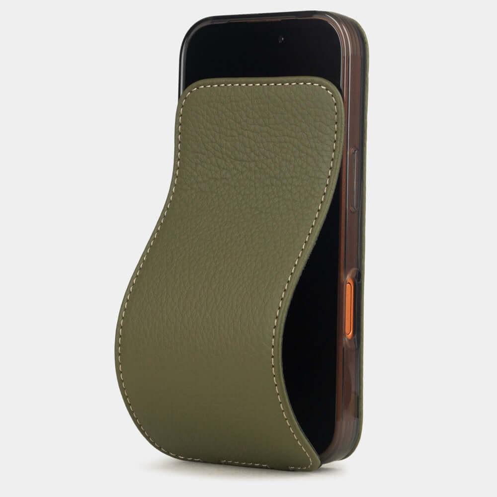 Green Calfskin Case iPhone 17 Pro Max – luxury handmade phone case in genuine leather with magnetic front cover partially open, main photo
