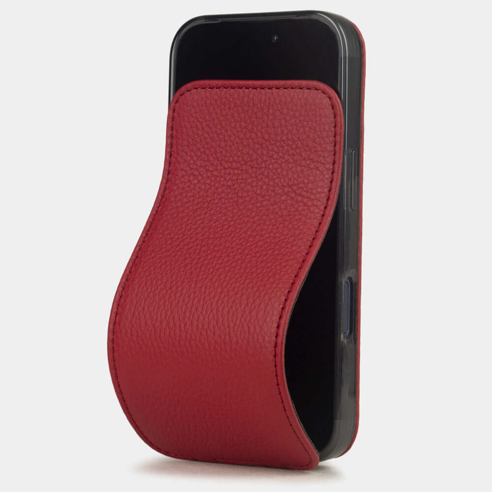 Red Calfskin Case iPhone 17 Pro Max – luxury handmade phone case in genuine leather with magnetic front cover partially open, main photo
