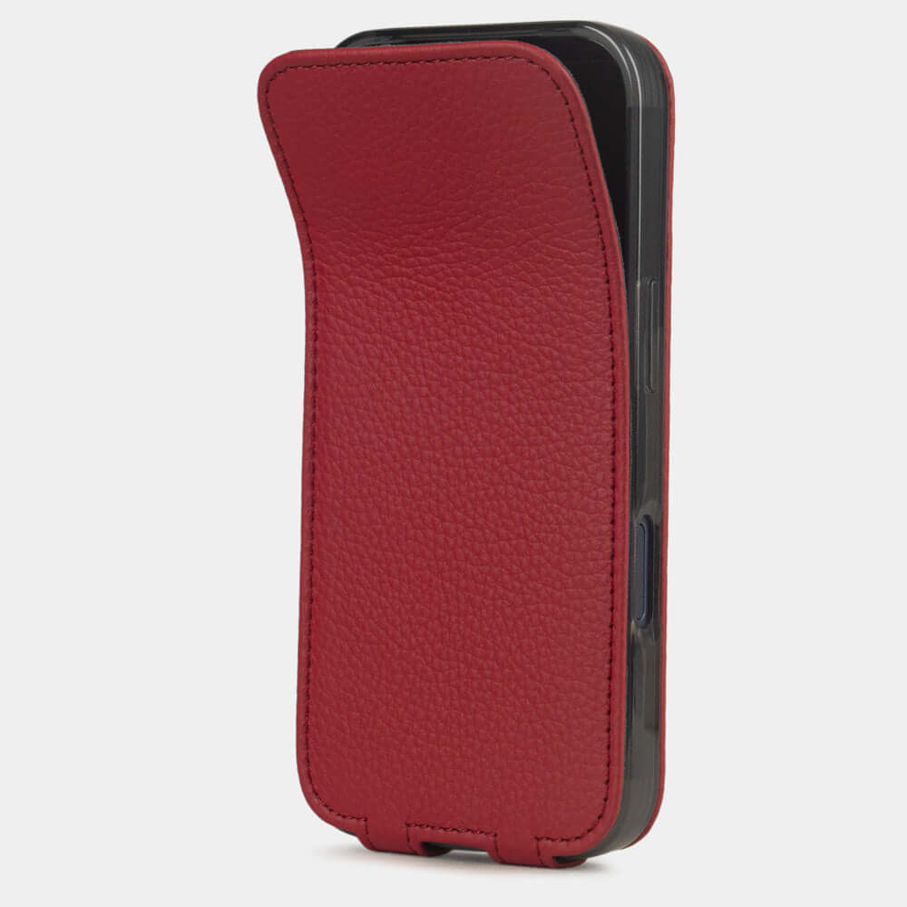 Red Calfskin Case iPhone 17 Pro Max – phone flip case with textured natural scale pattern, flexible front cover folding back to protect the smartphone screen
