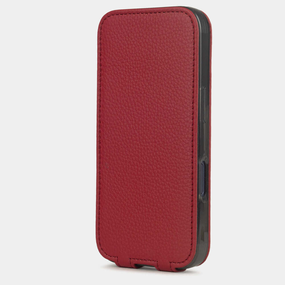 Red Calfskin Case iPhone 17 Pro Max– upright closed view highlighting the magnetic front cover fully protecting the screen, elegant silhouette
