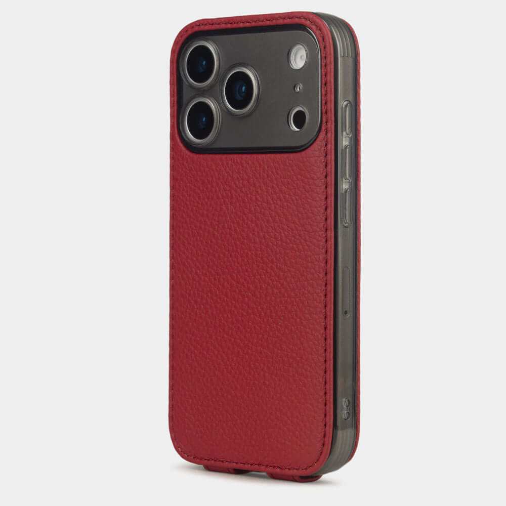 Red Calfskin Case iPhone 17 Pro Max silver - view from camera side and how the lenses are efficiently protected
