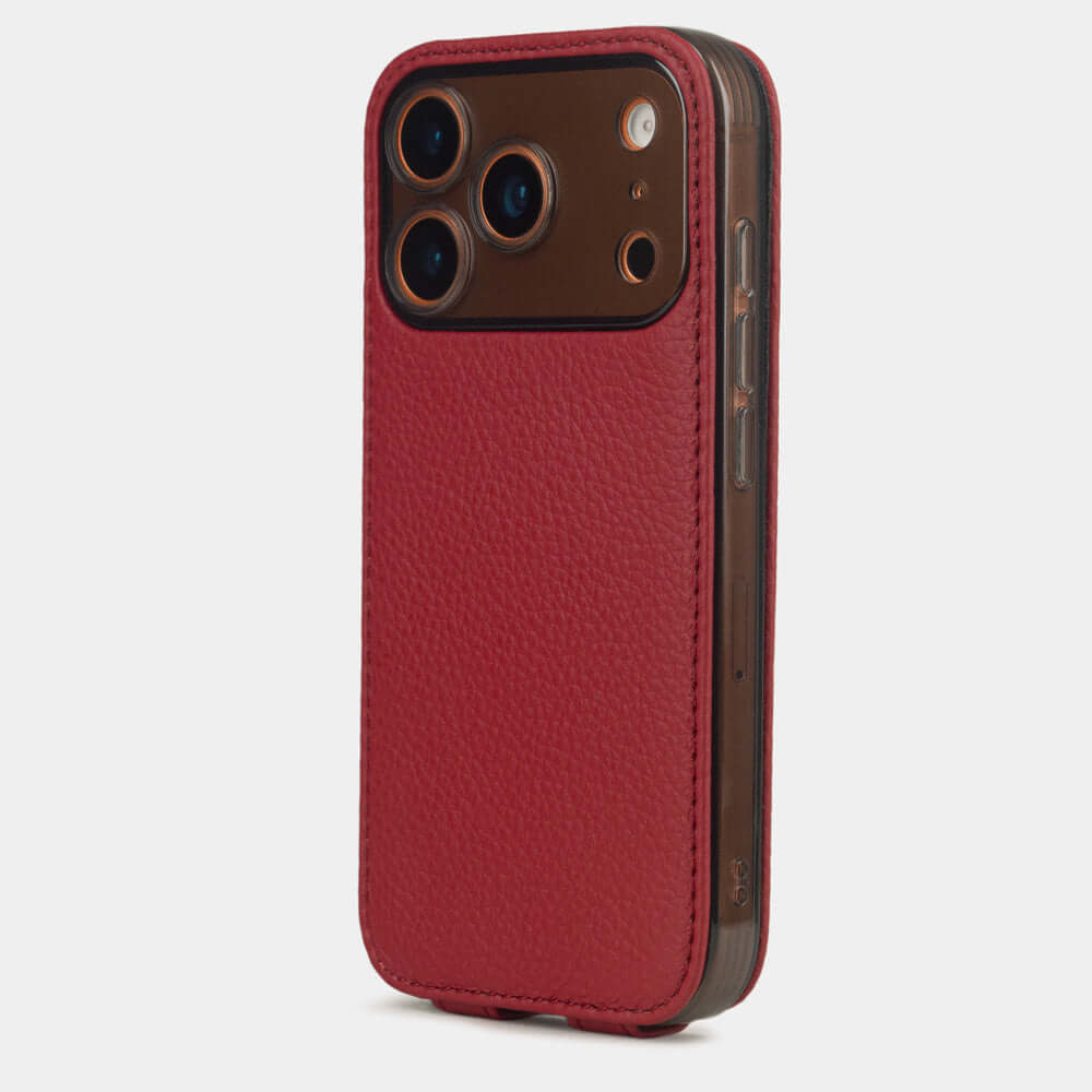 Red Calfskin Case iPhone 17 Pro Max orange - view from camera side and how the lenses are efficiently protected

