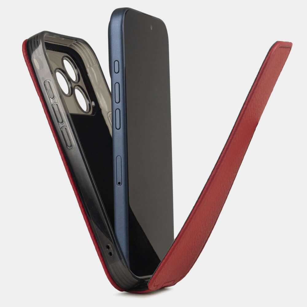 Red Calfskin Case iPhone 17 Pro Max - flip phone case shown open on smartphone, natural scale texture with folding front cover
