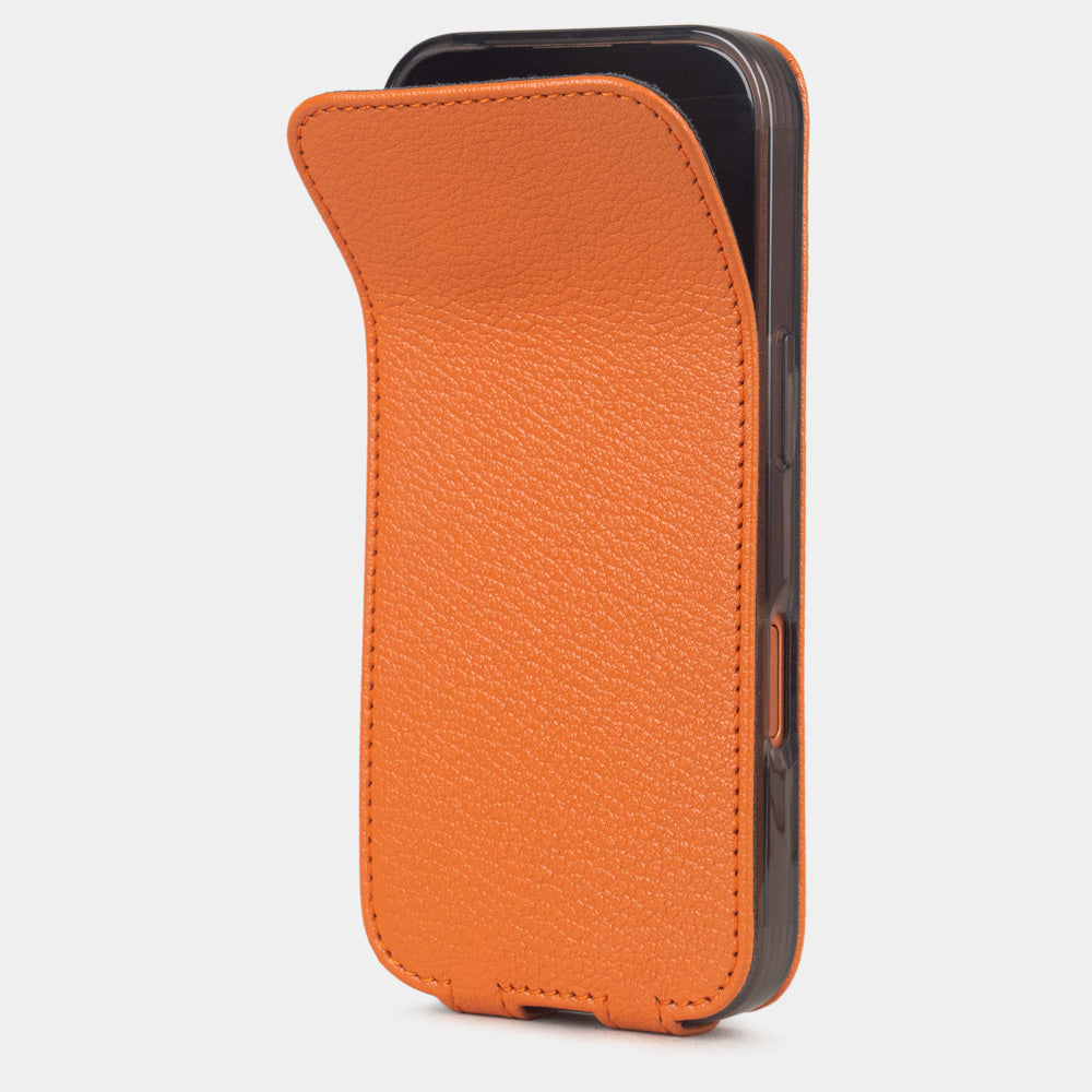 Orange Goat Case iPhone 17 Pro Max – phone flip case with flexible front cover folding back to protect the smartphone screen
