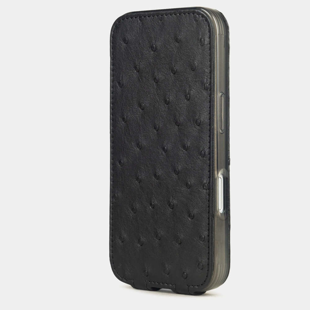 Black Ostrich Case iPhone 17 Pro Max – upright closed view highlighting the magnetic front cover fully protecting the screen, elegant silhouette
