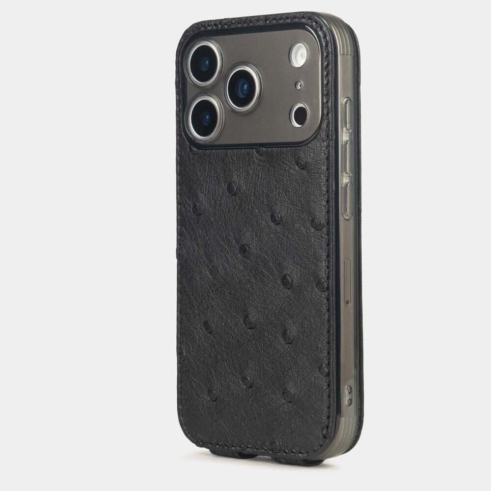 Black Ostrich Case iPhone 17 Pro Max silver - view from camera side and how the lenses are efficiently protected
