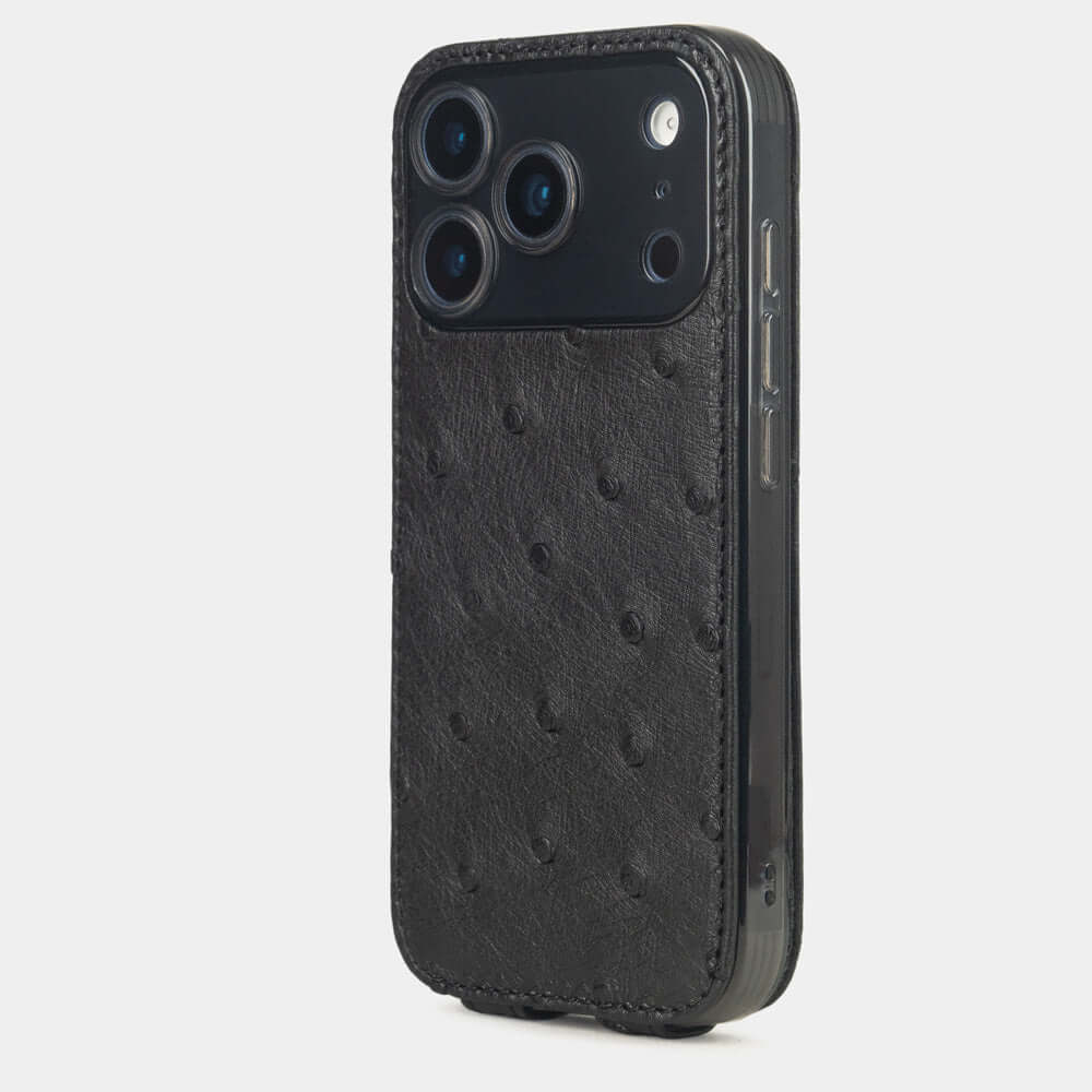 Black Ostrich Case iPhone 17 Pro Max blue - view from camera side and how the lenses are efficiently protected
