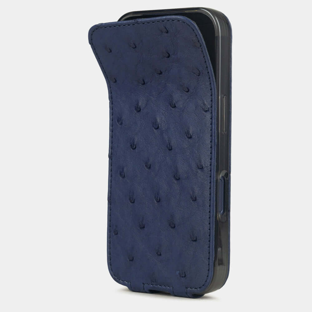 iPhone 17 Pro Max Ostrich Blue Leather Case showcasing the sleek and textured design.