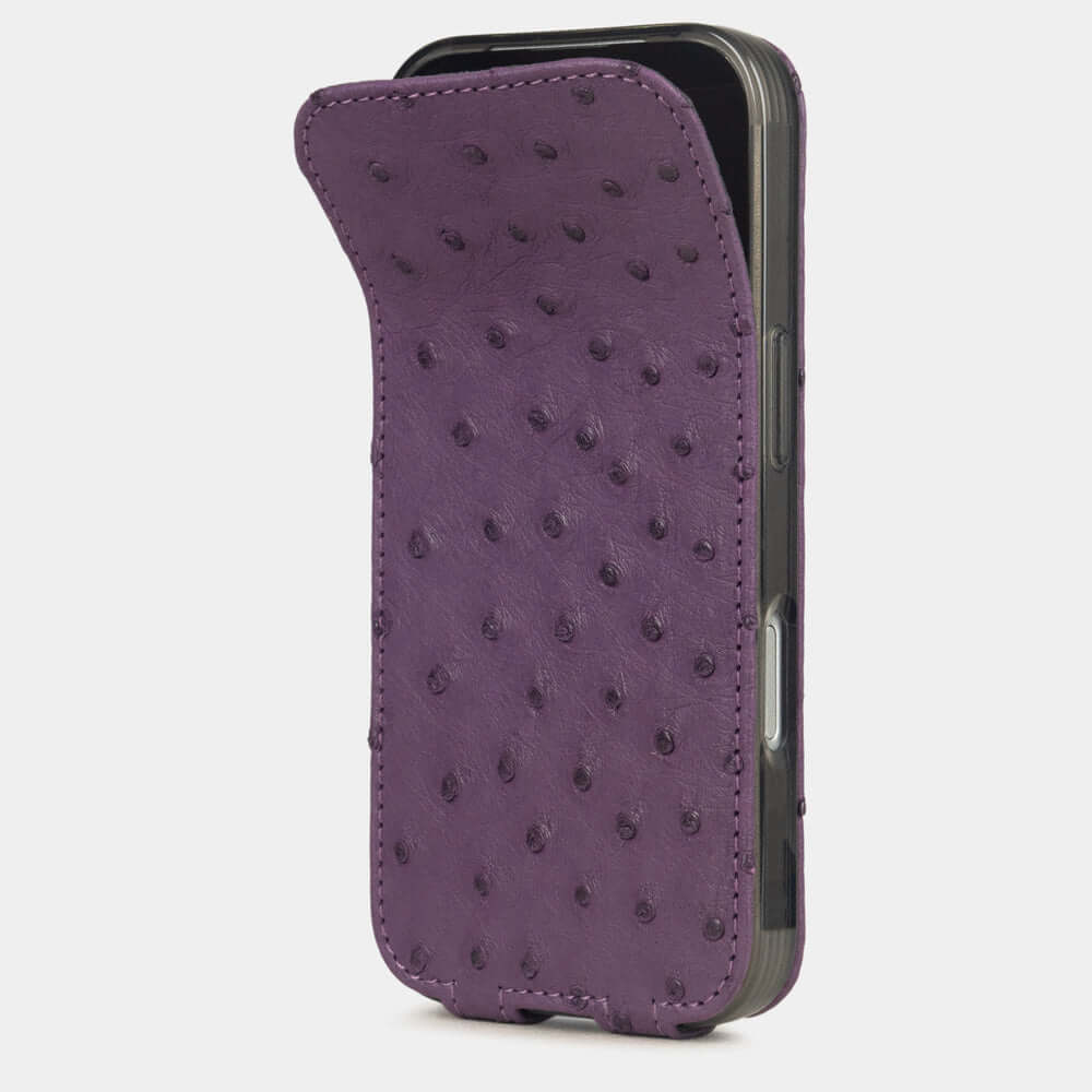 Purple Ostrich Case iPhone 17 Pro Max – phone flip case with textured quill pattern, flexible front cover folding back to protect the smartphone screen
