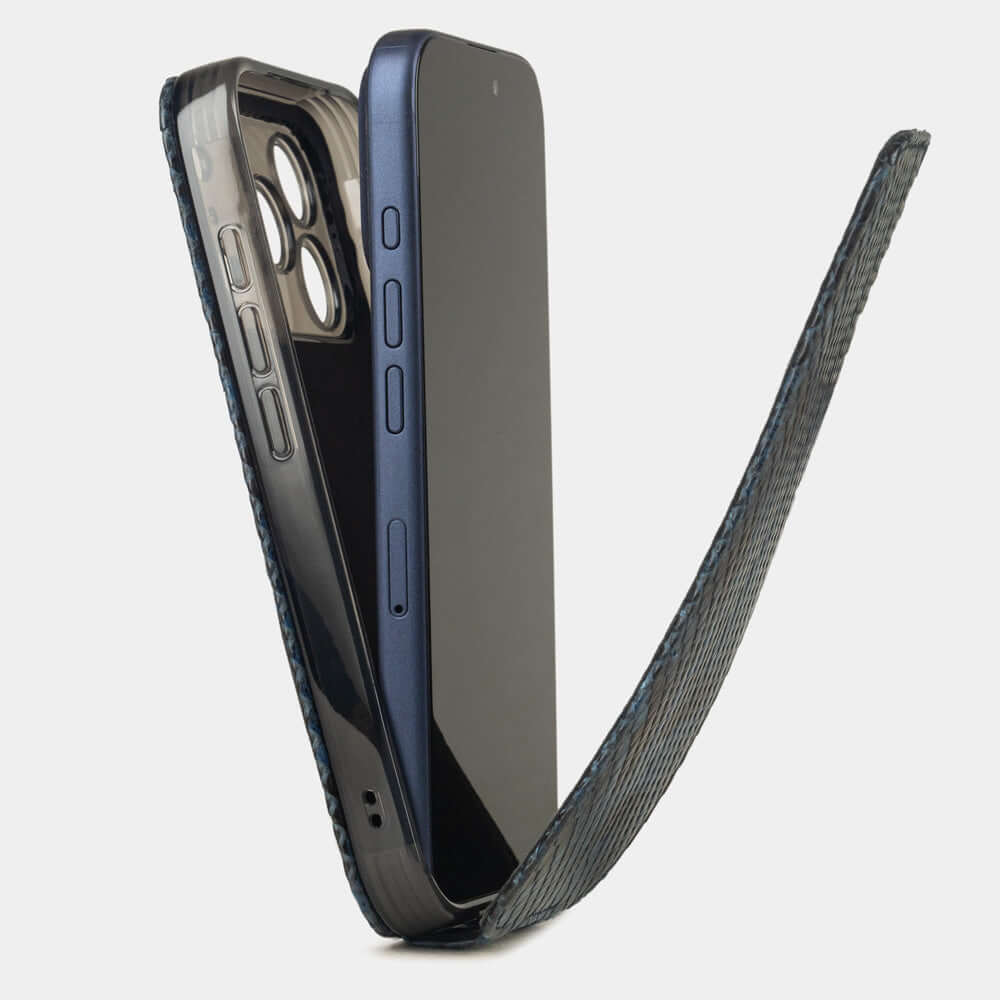 iPhone 17 Pro Max Python Blue Leather Case displayed from side showing the phone and its leather cover.