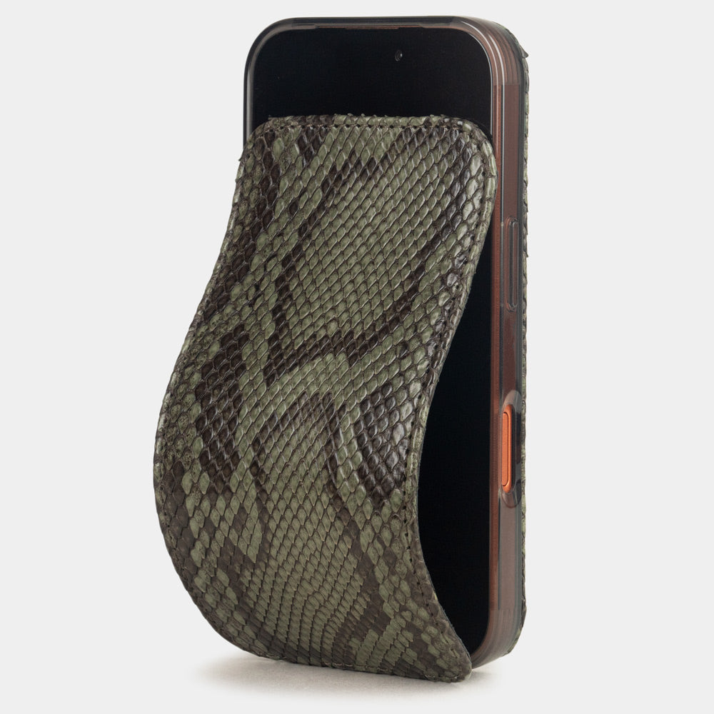 Green Python Case iPhone 17 Pro Max – luxury handmade phone case in genuine python leather with magnetic front cover partially open, main photo
