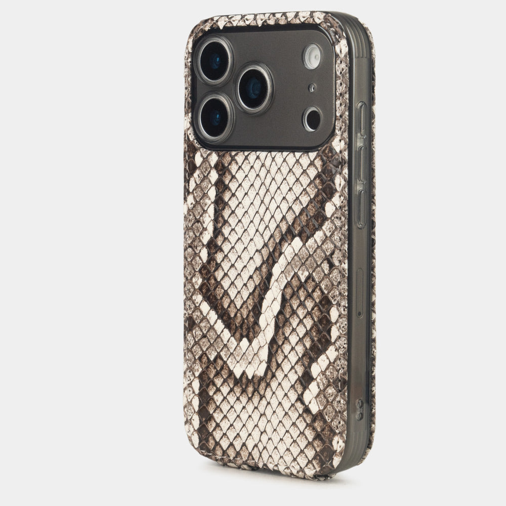 natural python leather Case iPhone 17 Pro Max silver - view from camera side and how the lenses are efficiently protected