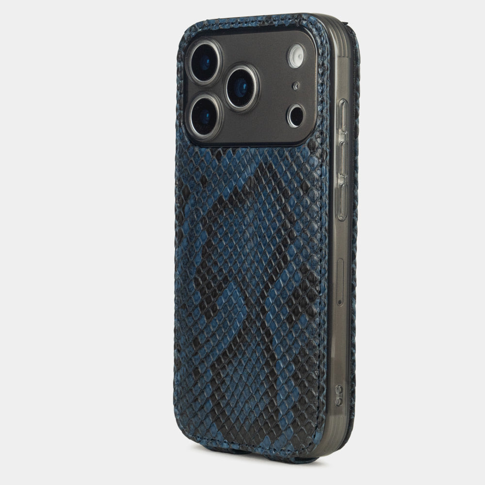 blue python leather Case iPhone 17 Pro Max silver - view from camera side and how the lenses are efficiently protected