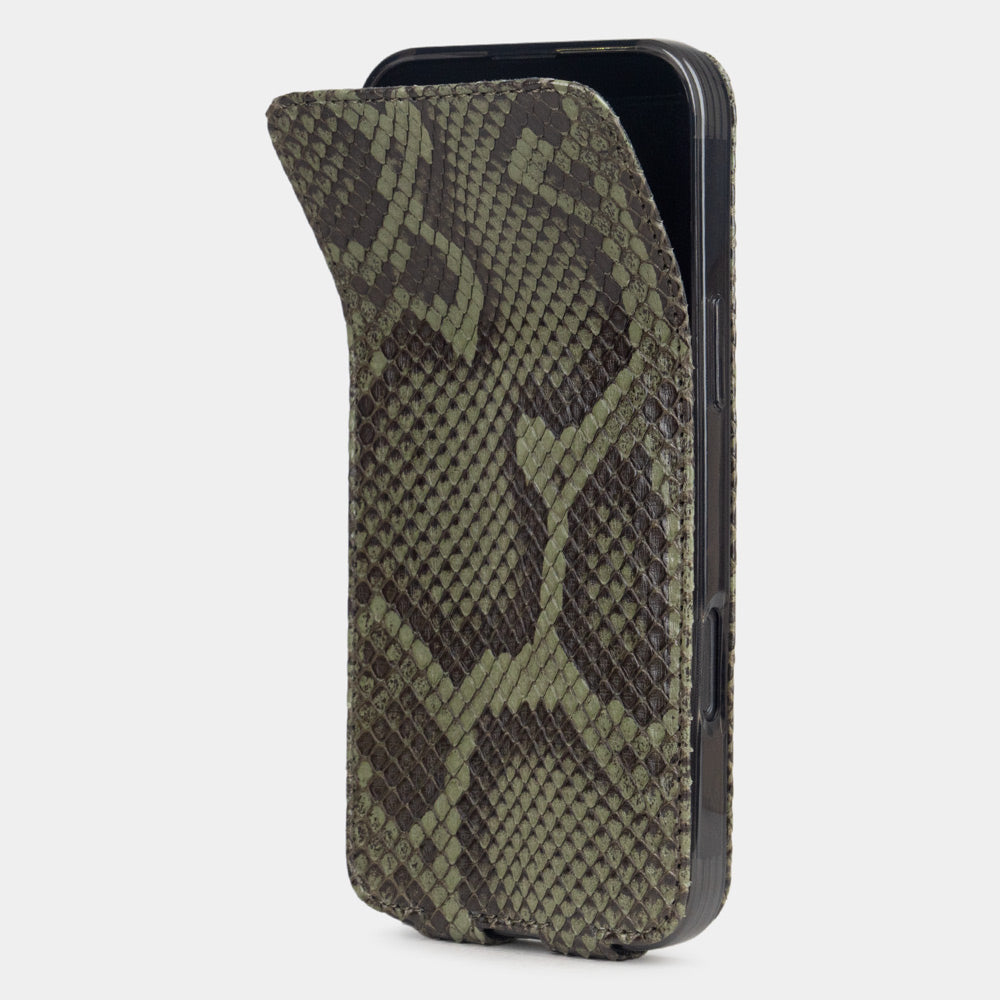 Green Python Case iPhone 17 Pro Max – phone flip case with textured natural scale pattern, flexible front cover folding back to protect the smartphone screen