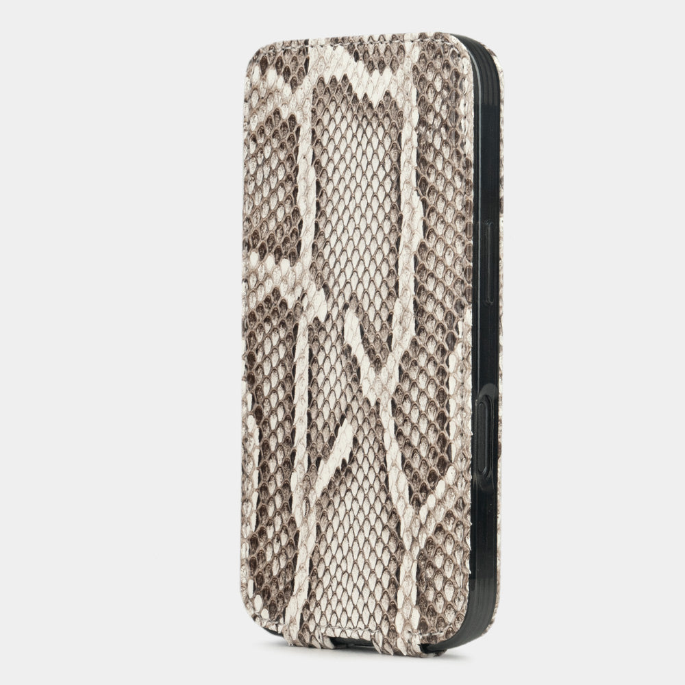 natural python leather Case iPhone 17 Pro Max – upright closed view highlighting the magnetic front cover fully protecting the screen, elegant silhouette