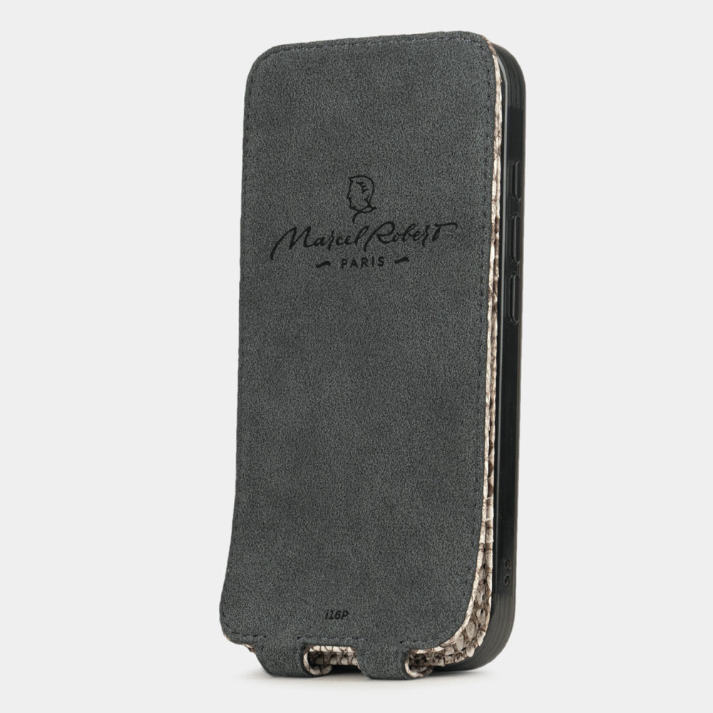 natural python leather case iPhone 17 Pro Max - interior view showing grey Alcantara lining with magnetic closure, designed to clean and protect the screen