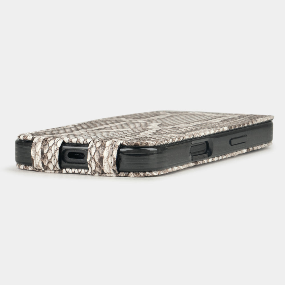 natural python leather case iPhone 17 Pro Max - flat side view displaying ultra-thin handcrafted design, USB-C port opening and precise edge finishing