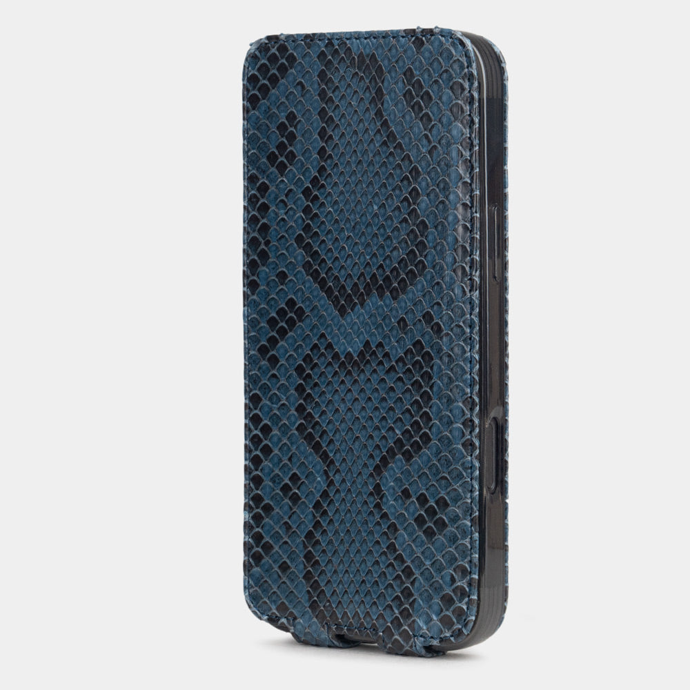 Marcel Robert iPhone 17 pro max case in blue python leather, closed upright view with magnetic front cover protecting the screen