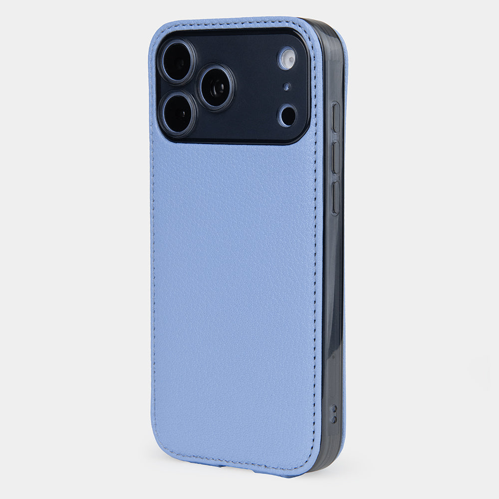 iPhone 18 Pro / Pro Max flip case in blue jeans Sully goat leather – back view with the camera cut-out framing the three lenses