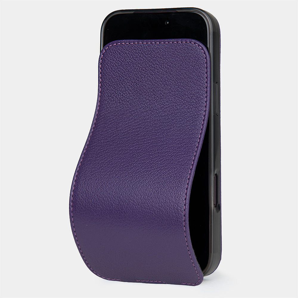 iPhone 18 Pro / Pro Max flip case in purple Sully goat leather – magnetic flap folded back behind the phone, screen uncovered