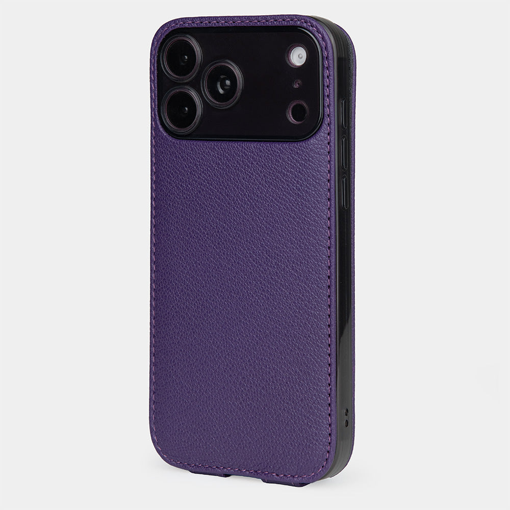 iPhone 18 Pro / Pro Max flip case in purple Sully goat leather – back view with the camera cut-out framing the three lenses