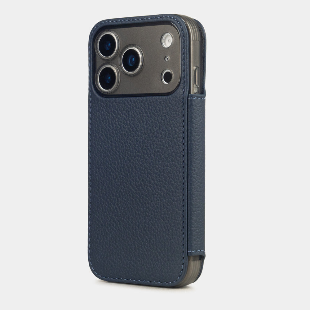 blue Calfskin Wallet Case iPhone 17 Pro Max silver - view from camera side and how the lenses are efficiently protected