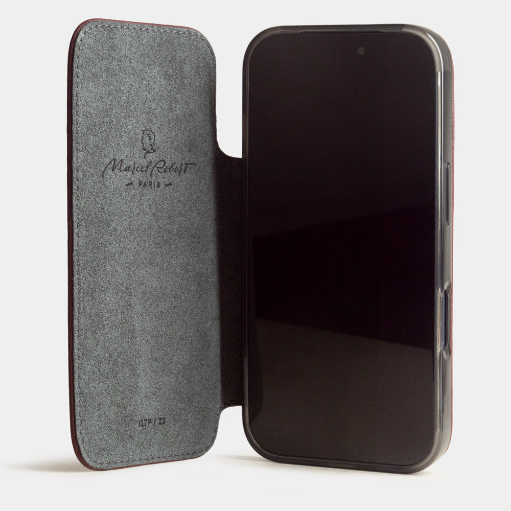 Bordeaux Calfskin Wallet Case iPhone 17 Pro Max - case with grey Alcantara lining shown open on smartphone
