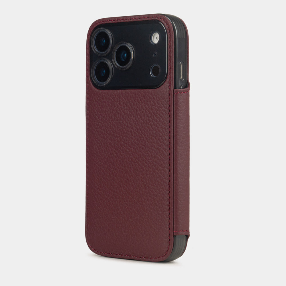 Bordeaux Calfskin Wallet Case iPhone 17 Pro Max blue - view from camera side and how the lenses are efficiently protected