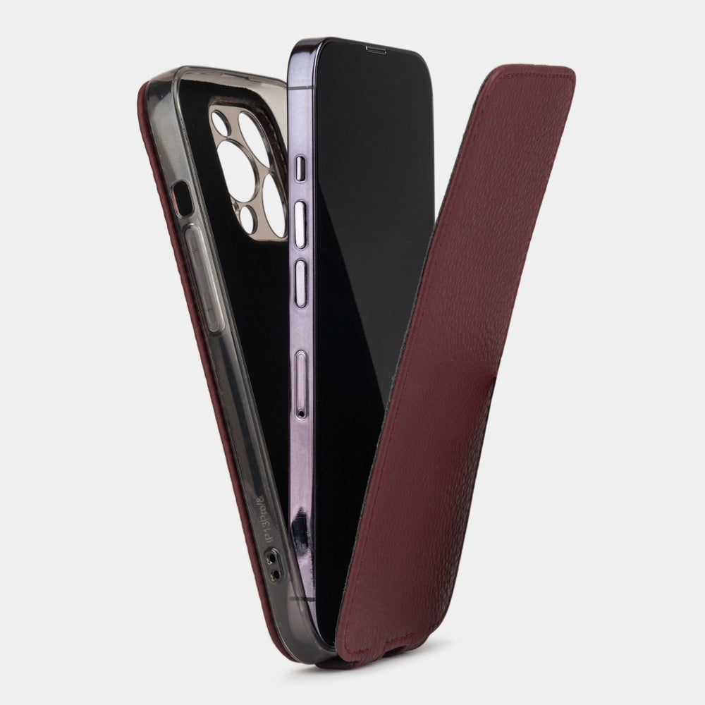iPhone 14 Pro flip case made with bordeaux premium leather – view showing how the iPhone sits in the slim silicone shell and the soft flap that protects the screen