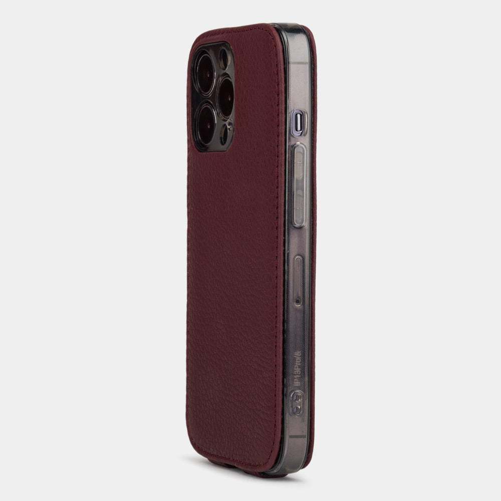 iPhone 14 Pro Max flip case made with bordeaux premium leather – view from the camera side showing how the leather efficiently protects the camera block