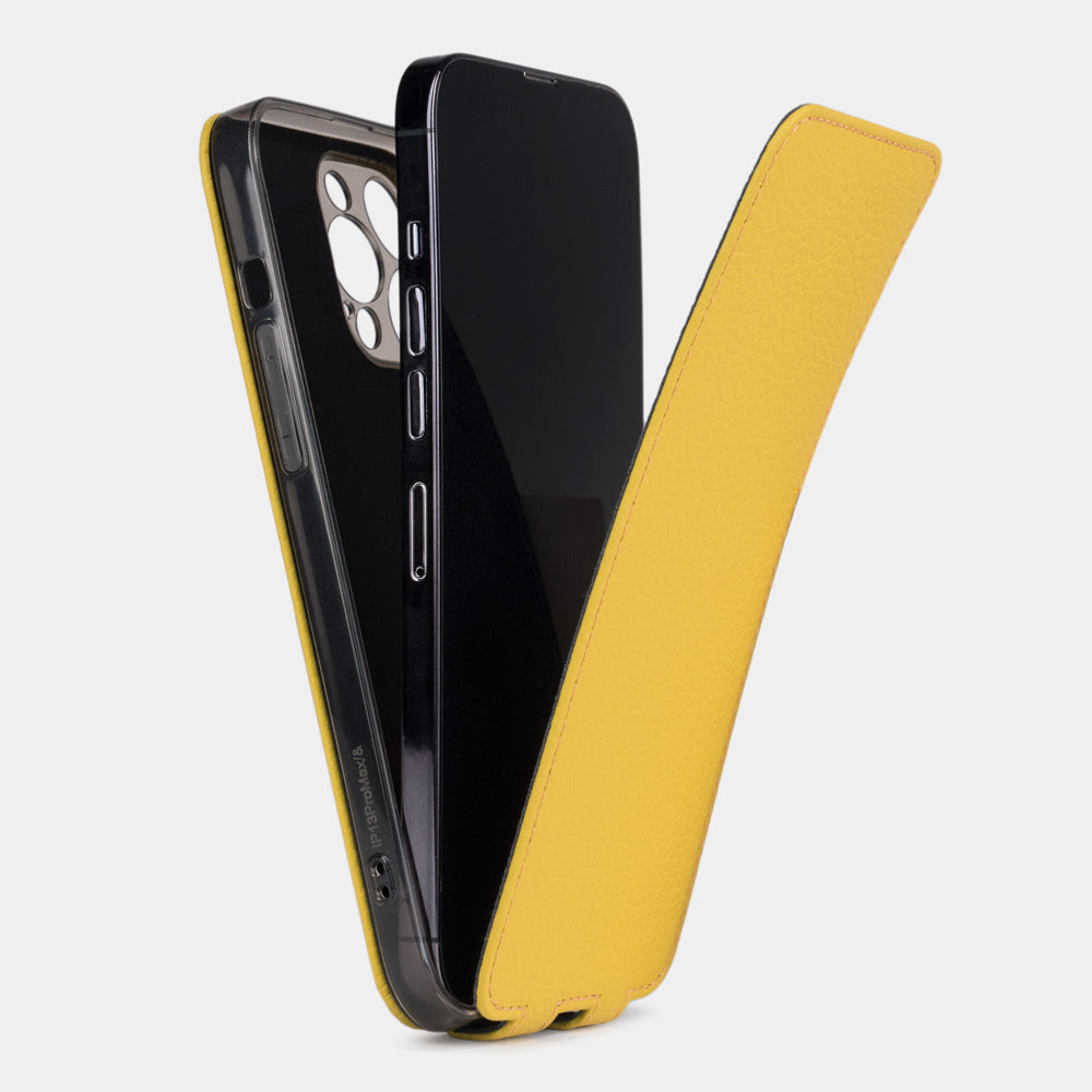 iPhone 14 Pro flip case made with yellow premium leather – view showing how the iPhone sits in the slim silicone shell and the soft flap that protects the screen