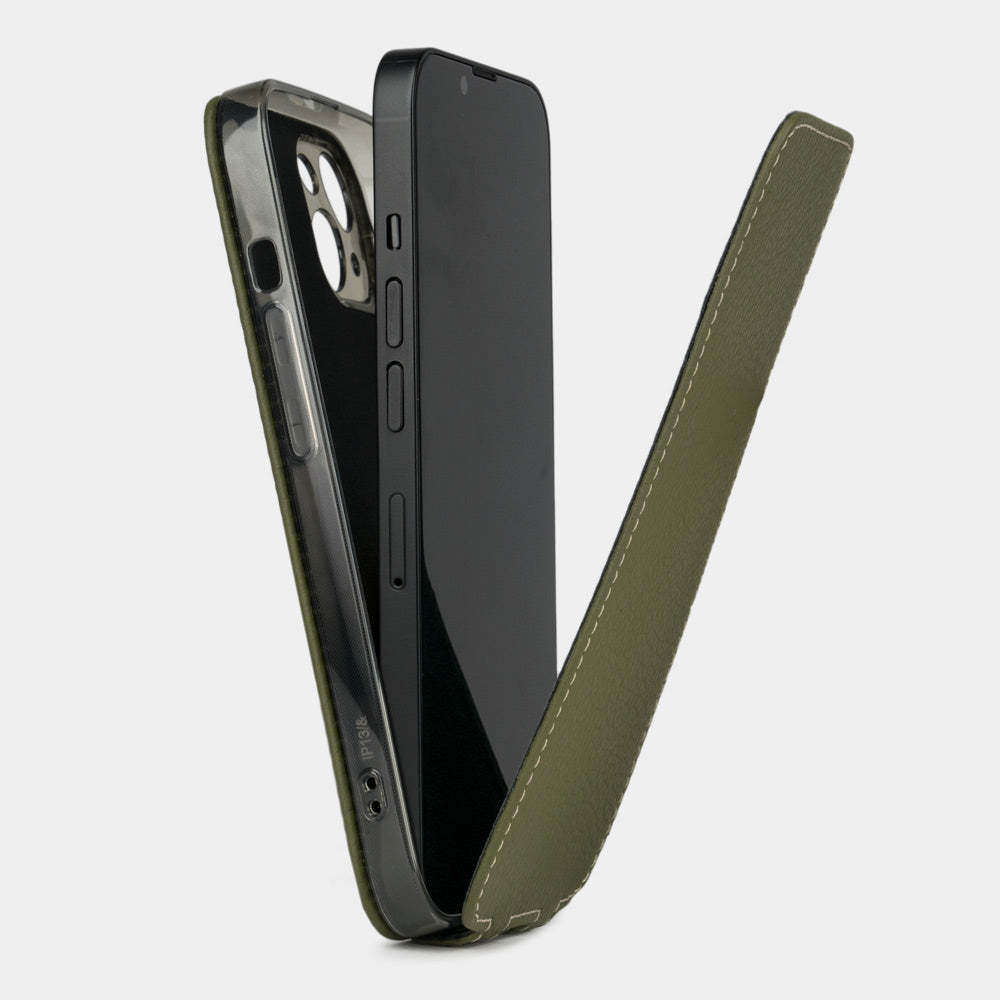 iPhone 14 Plus Green calfskin flip case – handmade full-grain calfskin
