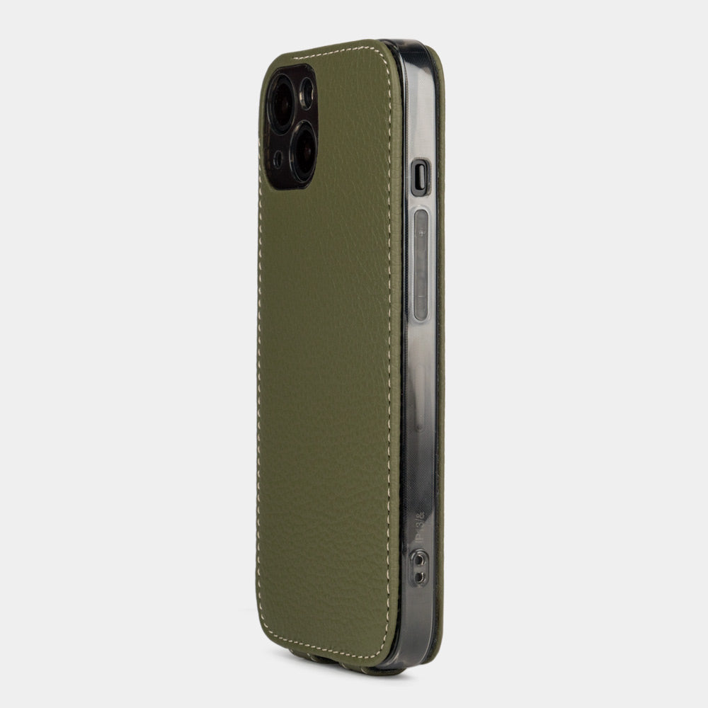 iPhone 14 flip case made with green premium leather – view from the camera side showing how the leather efficiently protects the camera block