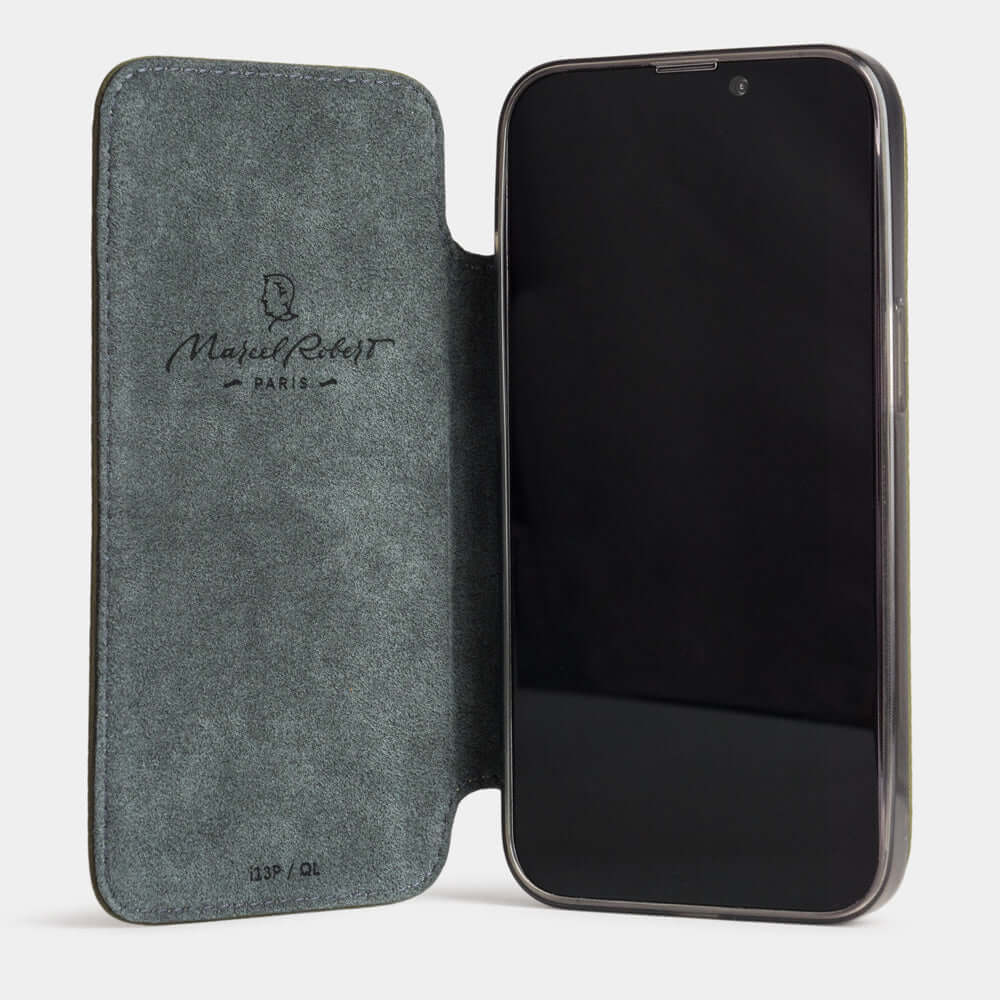 iPhone 17e & 16e calfskin folio wallet case green – case with grey Alcantara lining, shown open on the smartphone