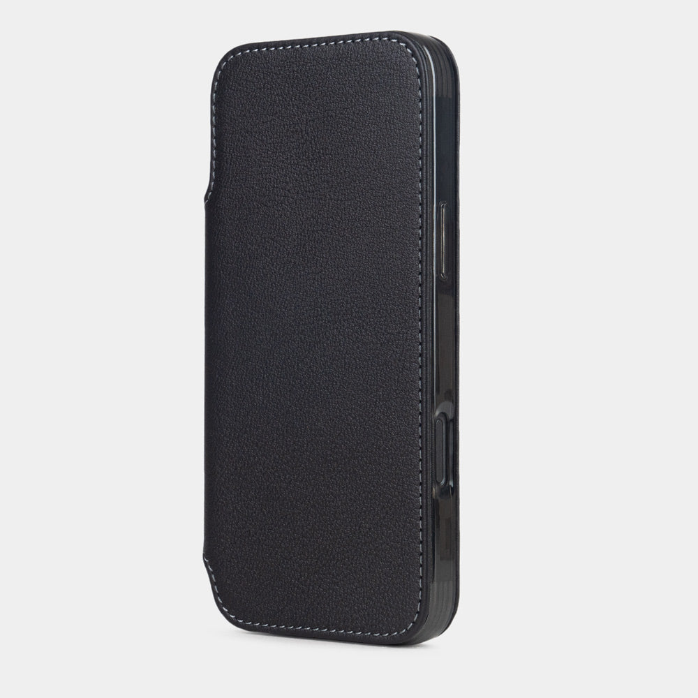Front view of Marcel Robert iPhone 17 folio case - made of black premium full-grain calfskin leather, closed position with magnetic cover | main image