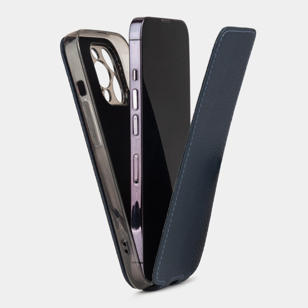 iPhone 14 Pro flip case made with blue premium leather – view showing how the iPhone sits in the slim silicone shell and the soft flap that protects the screen