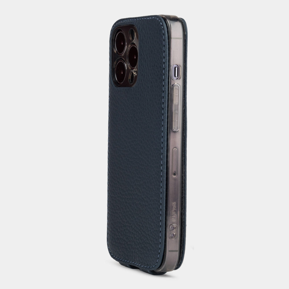 iPhone 14 Pro flip case made with blue premium leather – view from the camera side showing how the leather efficiently protects the camera block